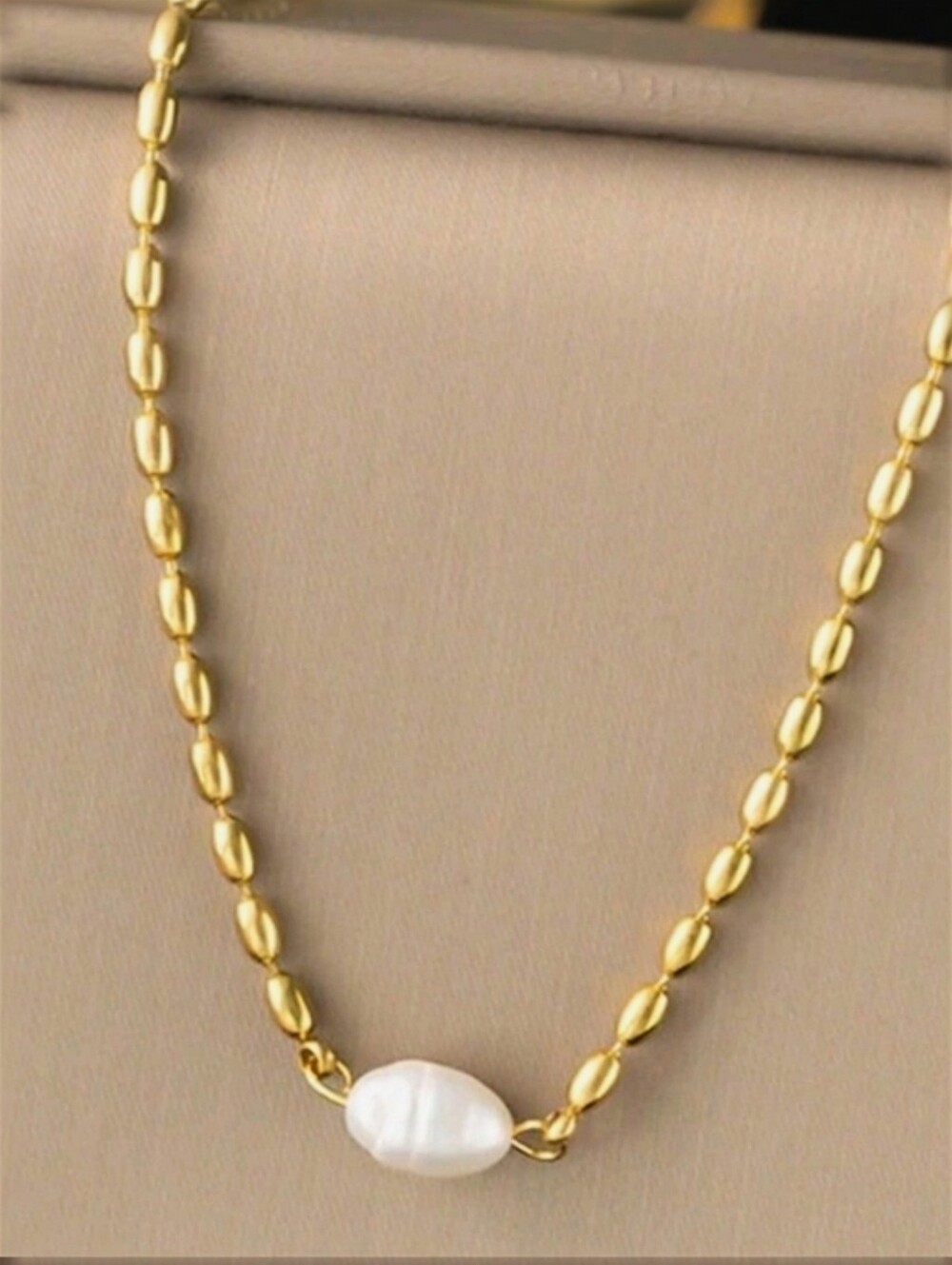 18K GP Bean Necklace With Real Freshwater Pearl; 15.75" W/A 1.97" Extender NWOT